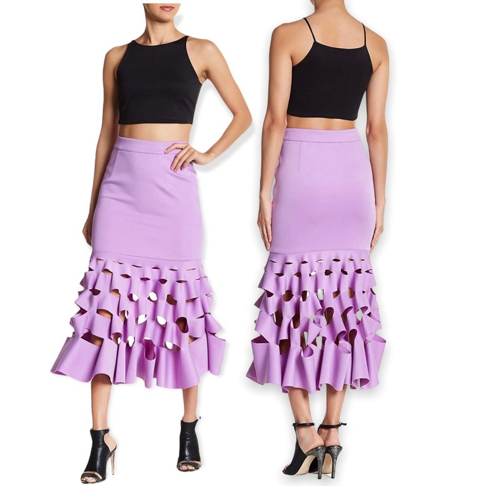 TOV Purple Chinese Lantern Ruffle Midi Skirt